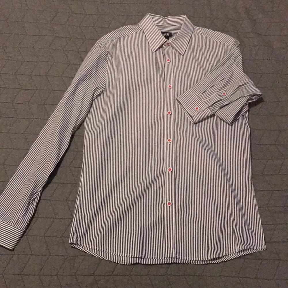 H&M black, white, and red strip button up